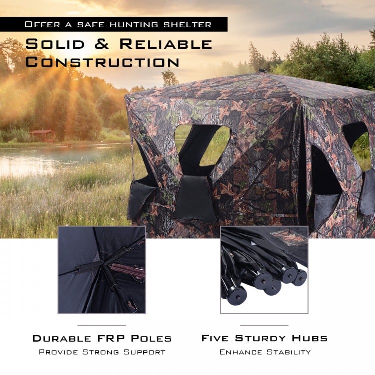 Portable deer pop-up hunting blind with durable weatherproof material, camo mesh windows, and sturdy hub frame for.