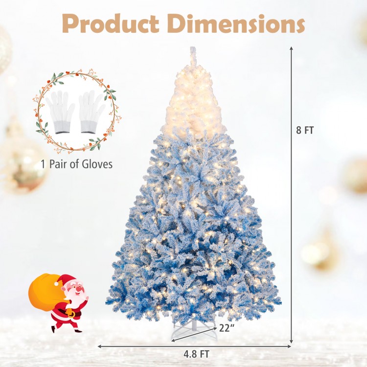 8-foot artificial Christmas tree with warm white LED lights, featuring snow flocking and 8 lighting modes for festive.
