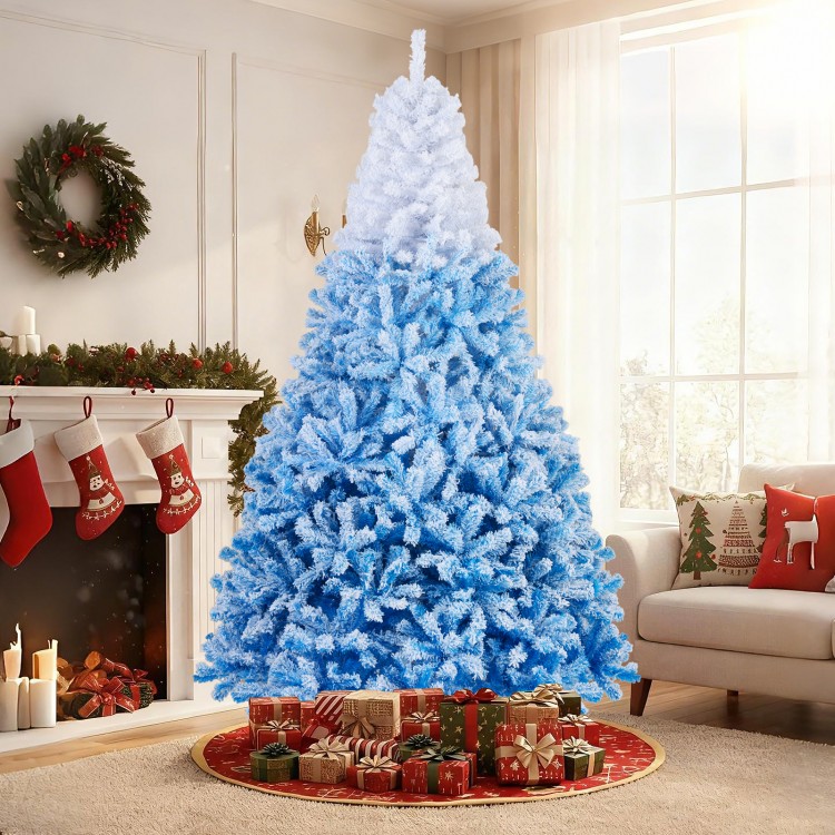 8-foot artificial Christmas tree with a blue gradient, warm white LED lights, and snow flocking, perfect for festive.