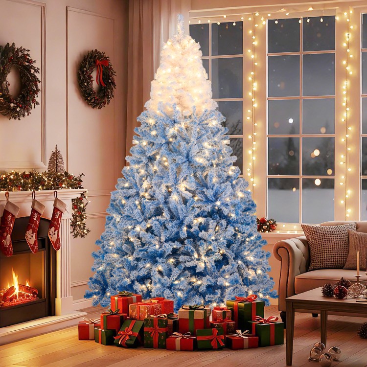 8-foot artificial Christmas tree with blue gradient color, warm white LED lights, and snow flocking, perfect for.