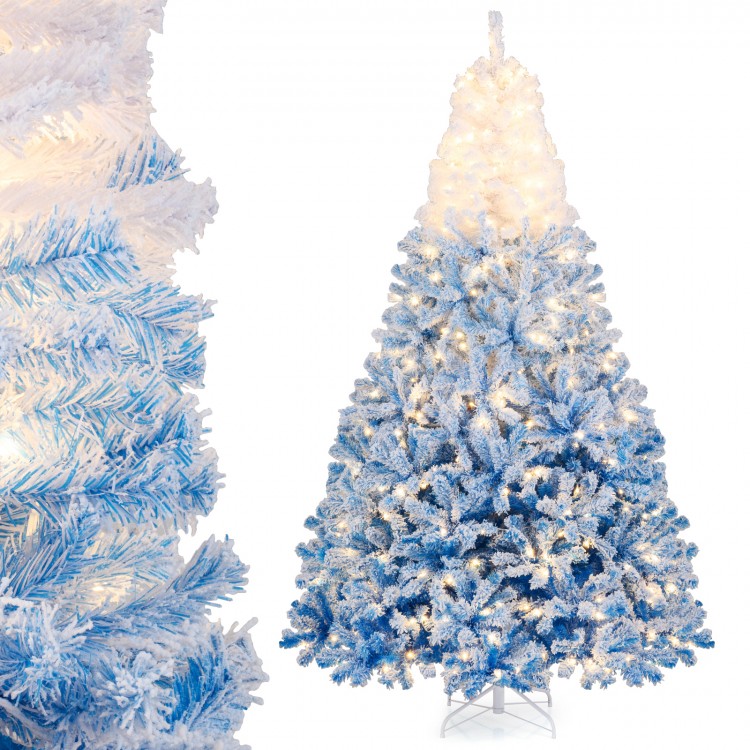 8-foot artificial Christmas tree with gradient blue color, warm white LED lights, and snow flocking for festive decor.