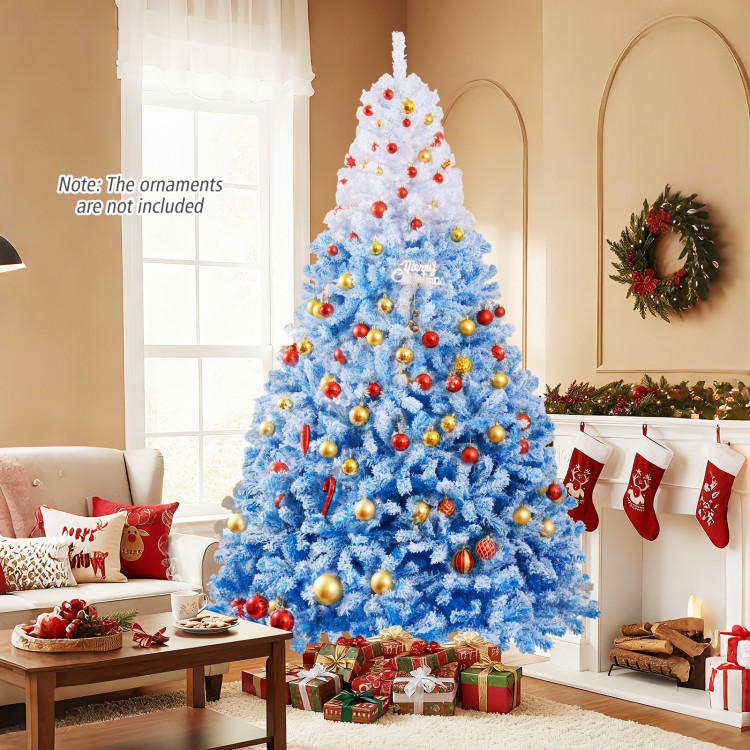 8-foot artificial Christmas tree in blue with warm white LED lights, featuring snow flocking and 8 lighting modes for.