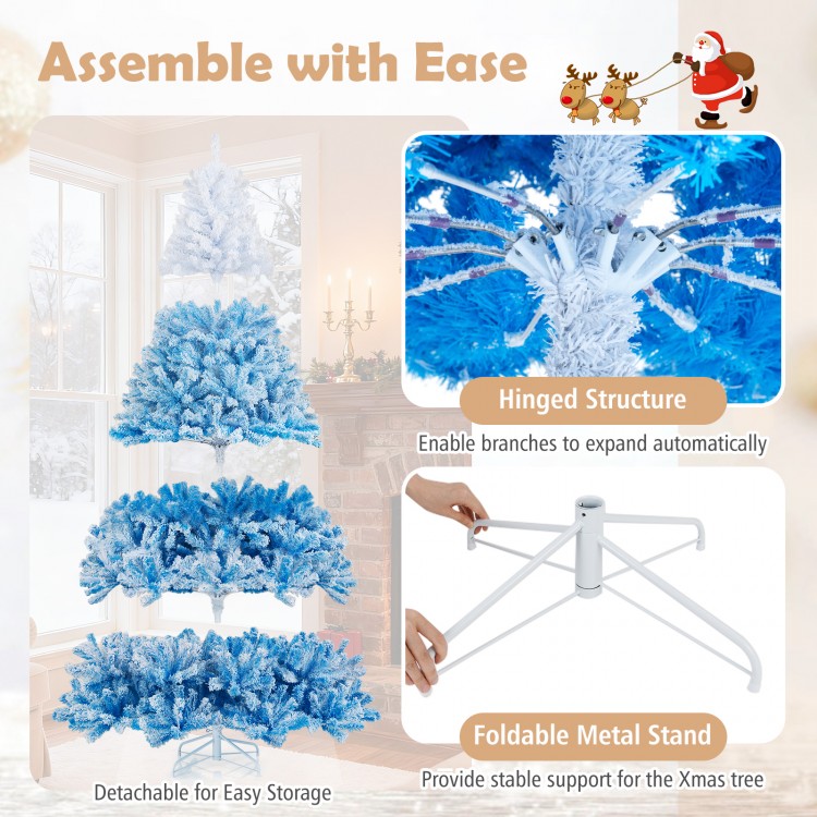 8-foot artificial Christmas tree with warm white LED lights, featuring a hinged structure and foldable metal stand for.