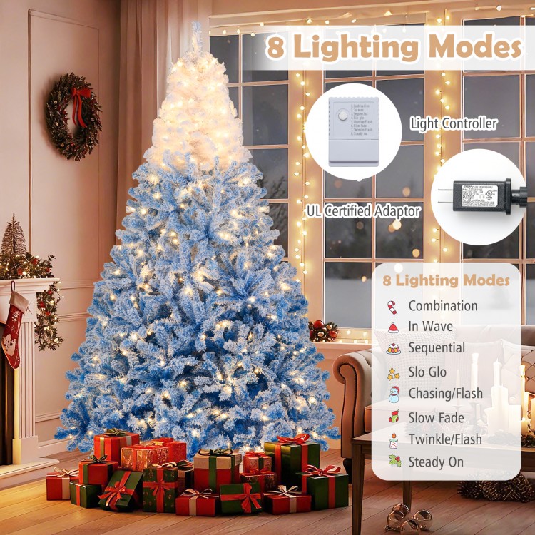 8-foot artificial Christmas tree with warm white LED lights, snow flocking, and 8 lighting modes for festive.
