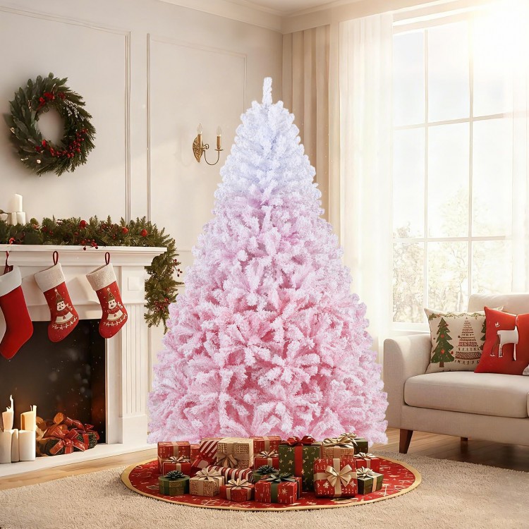 7-foot artificial Christmas tree with a pink gradient, warm white LED lights, and snow flocking for festive decor.