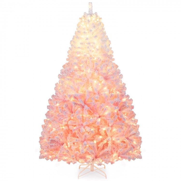 7-foot artificial Christmas tree in gradient pink with warm white LED lights, featuring snow flocking and 8 lighting.