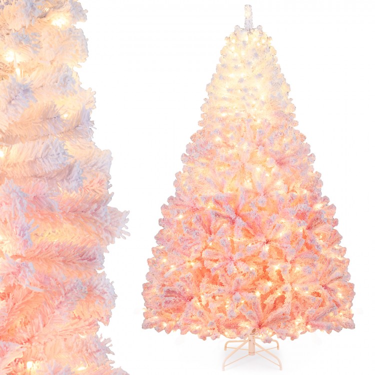 7-foot artificial Christmas tree with warm white LED lights, featuring a gradient color and thick snow flocking for.