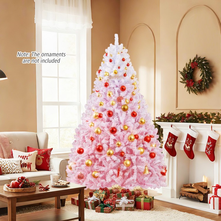 7-foot artificial Christmas tree with warm white LED lights, featuring a unique white to pink gradient and snow.