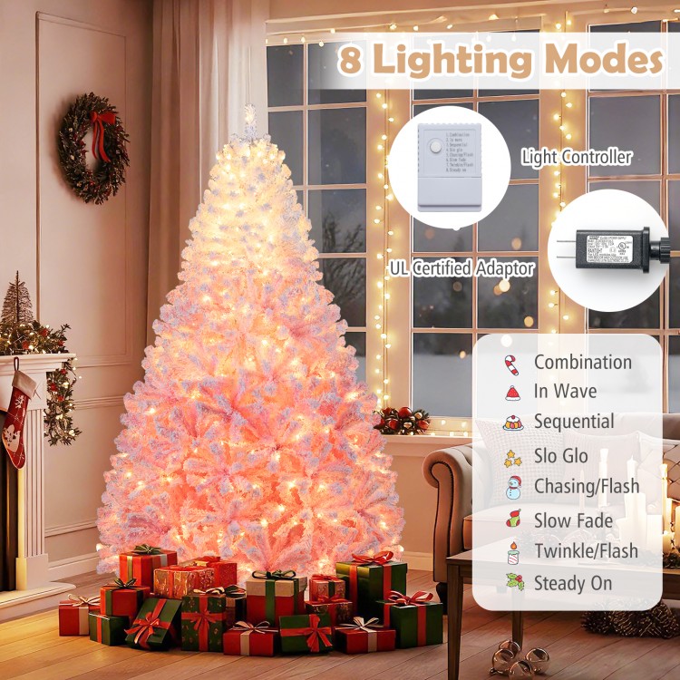 7-foot artificial Christmas tree with warm white LED lights, featuring 8 lighting modes and snow flocking for festive.