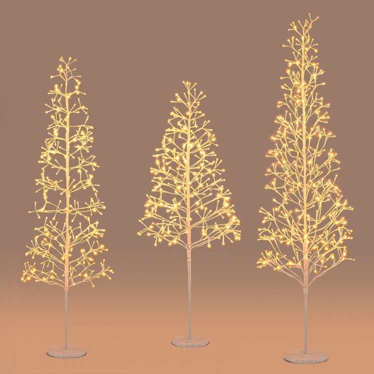 Lighted birch tree set featuring 240/320/456 warm white LED lights, perfect for holiday or everyday decor.