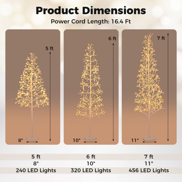 5 FT lighted birch tree with 240 warm white LED lights, ideal for holiday decor and easy indoor placement.
