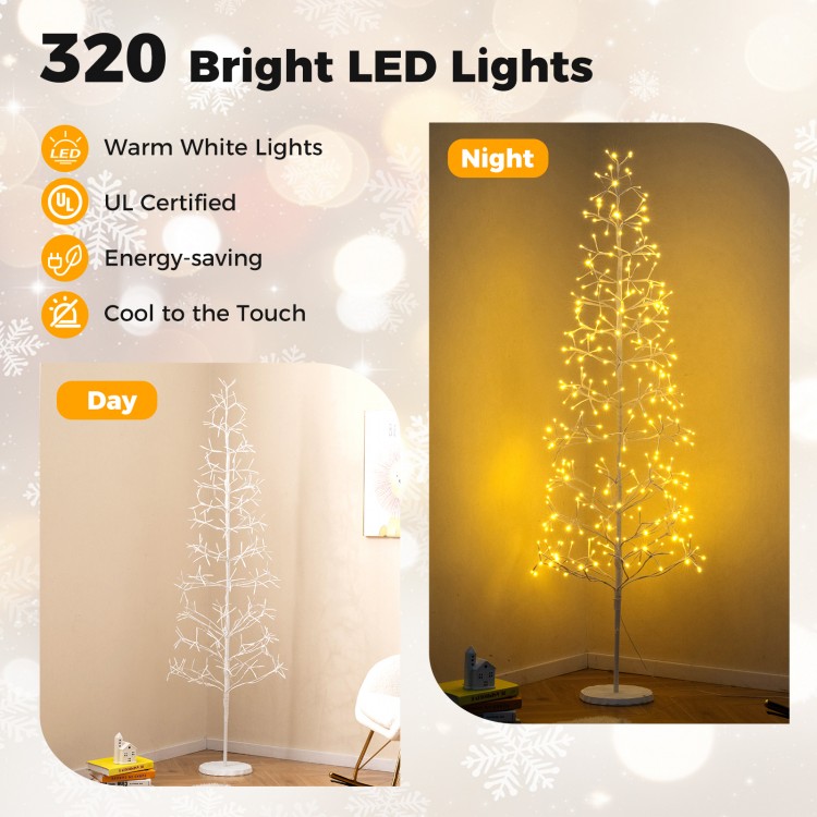 Lighted 6 FT birch tree with 320 warm white LED lights, flexible branches, and a weighted base for stability.