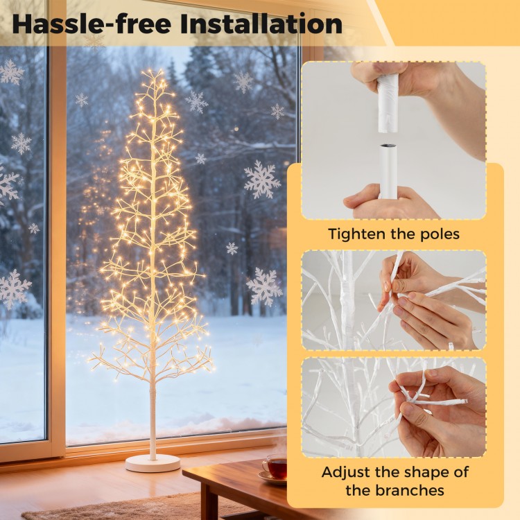 Lighted 6 FT birch tree with 320 warm white LED lights, featuring flexible branches and a weighted base for stability.