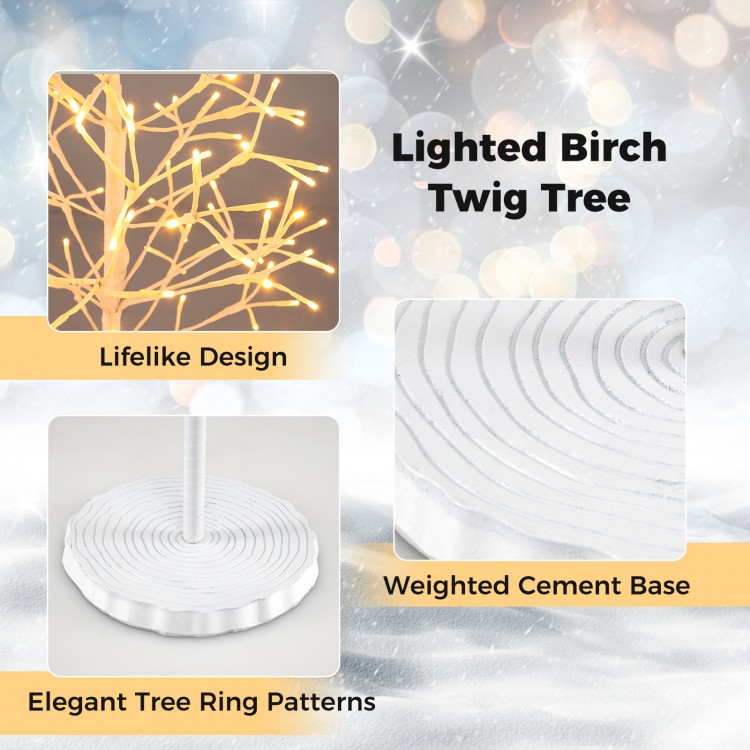 Lighted birch twig tree with 240 warm white LED lights and a weighted cement base, perfect for holiday decor.