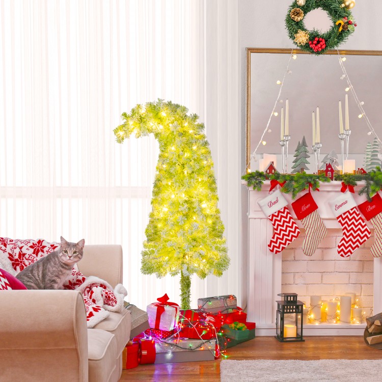 Whimsical 5 FT Christmas tree with bendable top, warm white LED lights, and snow flocking for festive holiday decor.