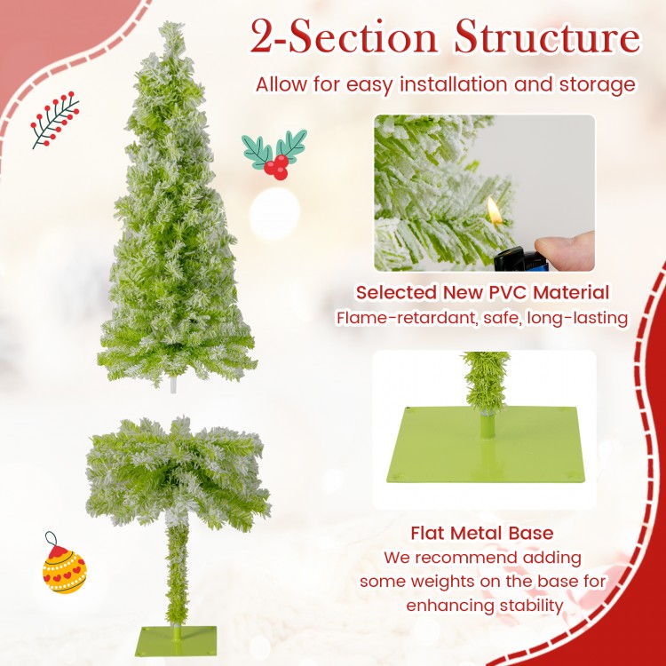 Whimsical 5 FT Christmas tree with bendable top, lush green branches, and snow flocking, perfect for holiday decor.
