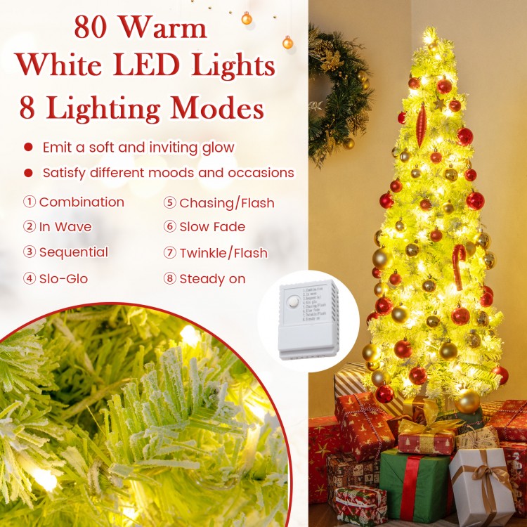 5 FT whimsical Christmas tree with bendable top, adorned with snow flocking and 80 warm white LED lights for festive.