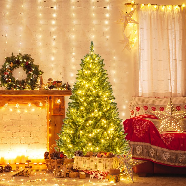 5-foot hinged artificial Christmas tree with 400 warm white LED lights, ideal for holiday gatherings and festive decor.