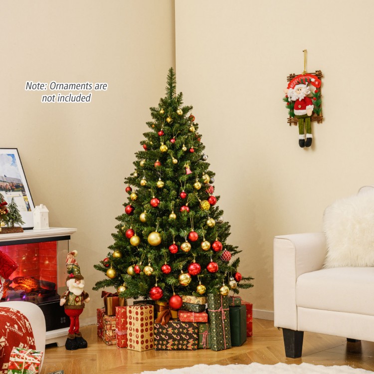 5-foot artificial Christmas tree with vibrant branch tips, warm white LED lights, and hinged design for easy setup.