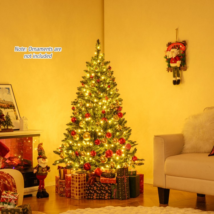 5-foot artificial Christmas tree with warm white LED lights, featuring hinged branches for easy setup and storage.