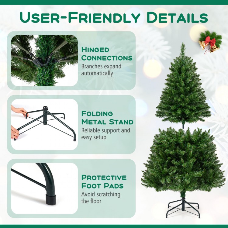 5-foot artificial Christmas tree with hinged connections, folding metal stand, and protective foot pads for easy setup.
