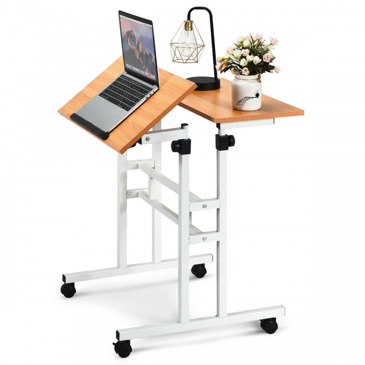 Height adjustable 2 in 1 computer desk with tilting surface, sturdy steel frame, and rolling wheels for versatile use.