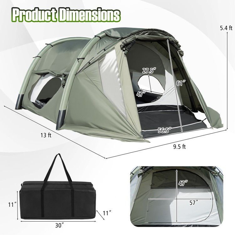 5-7 person inflatable camping tent in green with screened porch, dimensions 13 ft x 9.5 ft, ideal for outdoor.