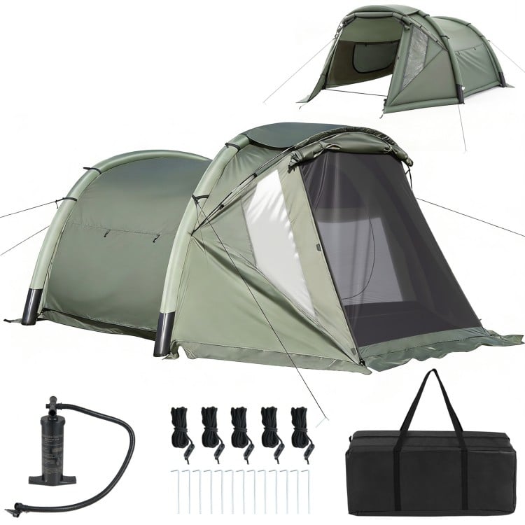 5-7 person inflatable camping tent in green with screened porch, mesh windows, and included hand pump for easy setup.