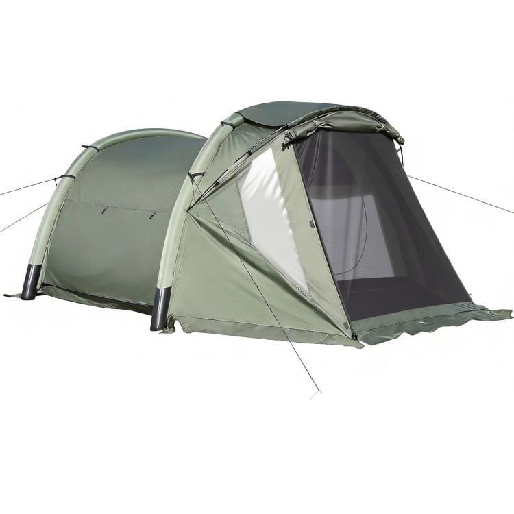 Inflatable camping tent for 5-7 people in green with screened porch, waterproof fabric, and durable fiberglass poles.