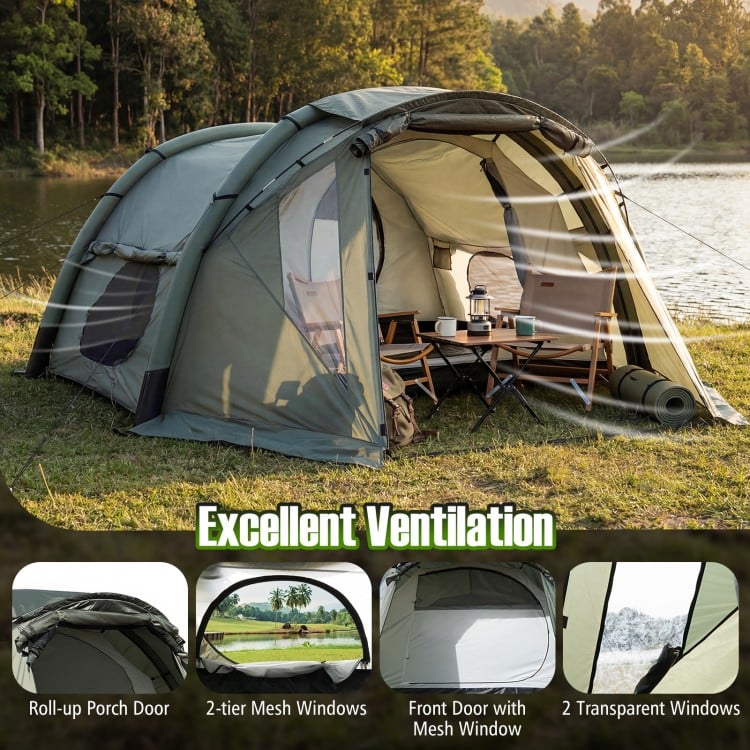 5-7 person inflatable camping tent in green with screened porch, featuring mesh windows for excellent ventilation.