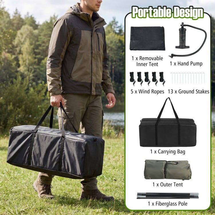 5-7 person inflatable camping tent in green with screened porch, portable design, and waterproof features for outdoor.