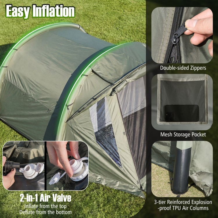 5-7 person inflatable camping tent in green with screened porch, double-sided zippers, and 2-in-1 air valve for easy.