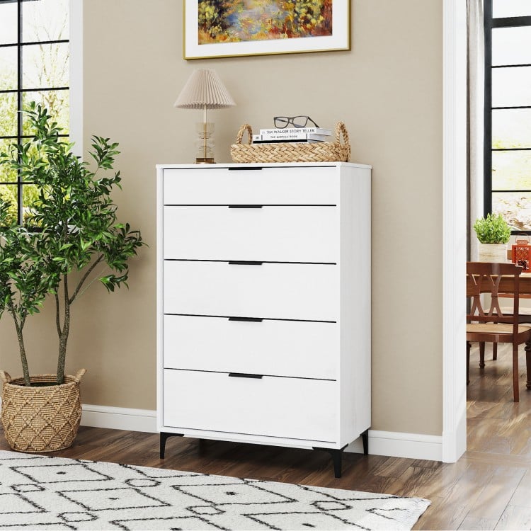 5-drawer dresser in white with interlock system, metal handles, and removable legs for bedroom or living room storage.