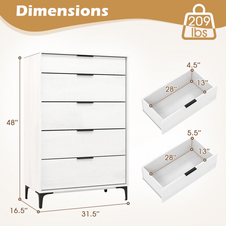 5-drawer dresser in white with interlock system, removable legs, and rustic wood grain finish for bedroom storage.