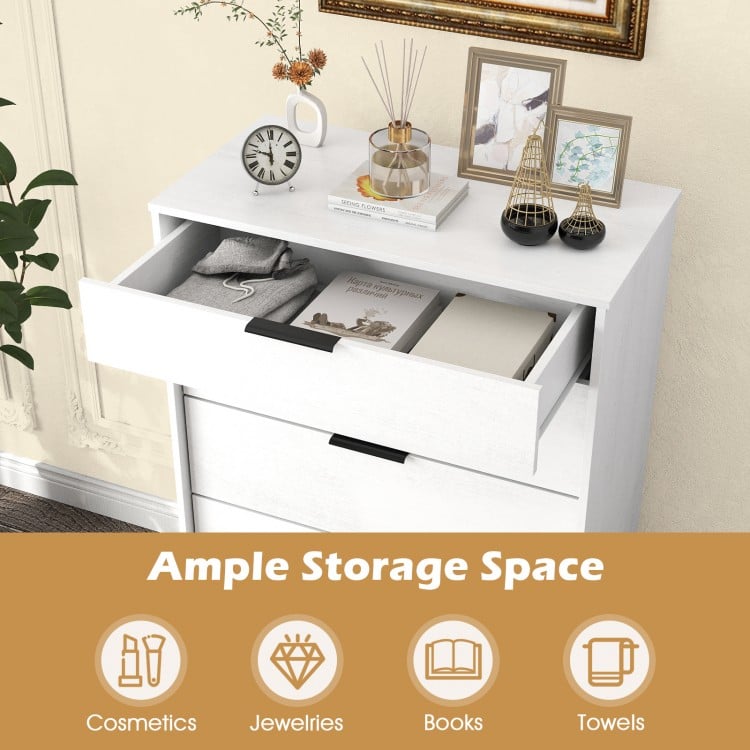 5-drawer dresser in white with interlock system, offering ample storage for accessories, towels, and books.