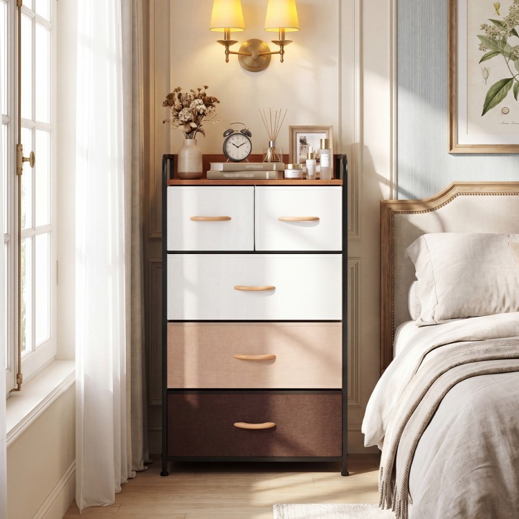 5-drawer fabric dresser in multicolor with removable bins, featuring a sturdy metal frame for bedroom or living room.