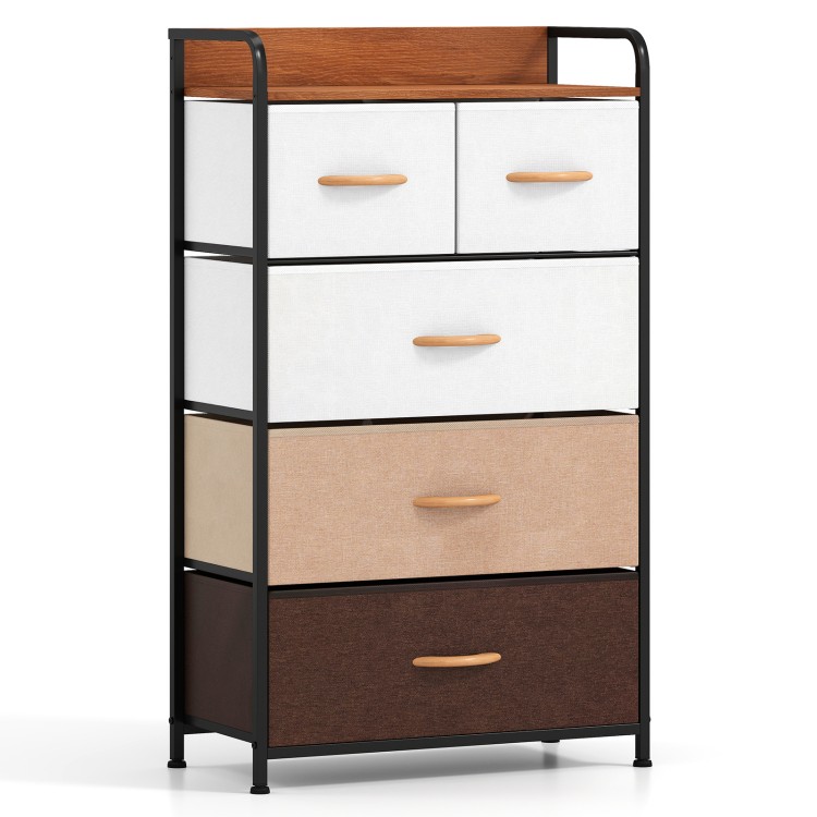 5-drawer fabric dresser in multicolor with removable bins, strong metal frame, ideal for living room or bedroom storage.