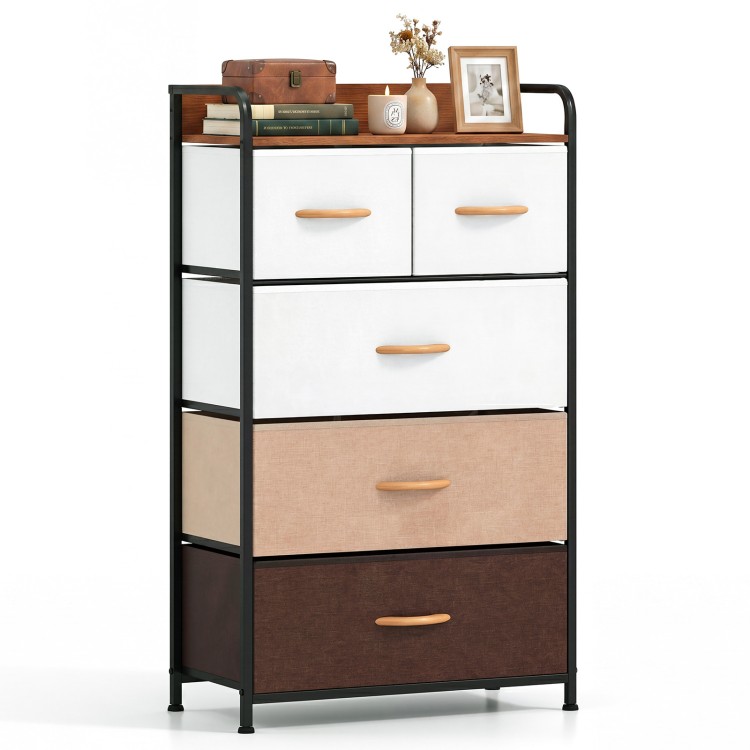 5-drawer fabric dresser with removable bins in multicolor, featuring a strong metal frame and raised-edge top for.