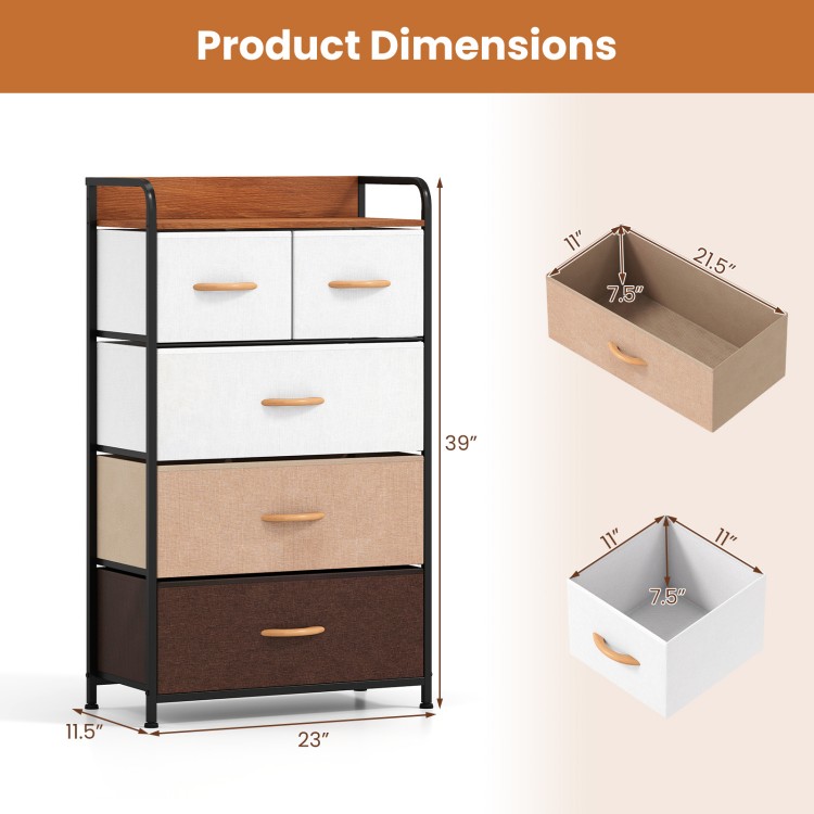 5-drawer fabric dresser in multicolor with removable bins, featuring a strong metal frame and raised-edge top for.