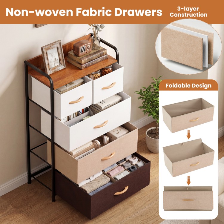 5-drawer fabric dresser with removable bins in multicolor, featuring a sturdy metal frame and foldable design for.