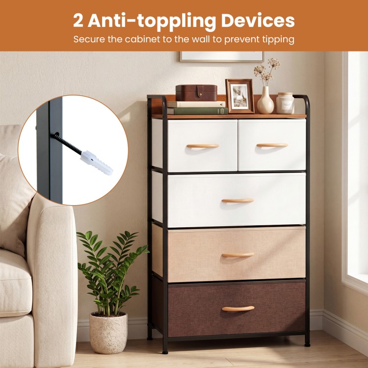 5-drawer fabric dresser with removable bins in multicolor, featuring a raised-edge top and anti-toppling devices for.