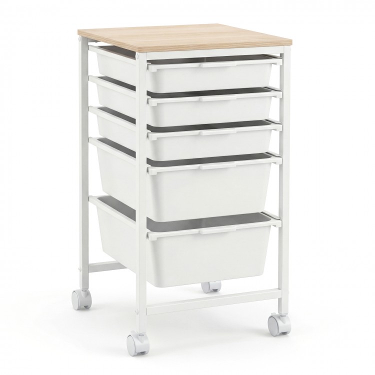 5-drawer rolling storage cart with wooden tabletop, white drawers, and lockable wheels for versatile organization.