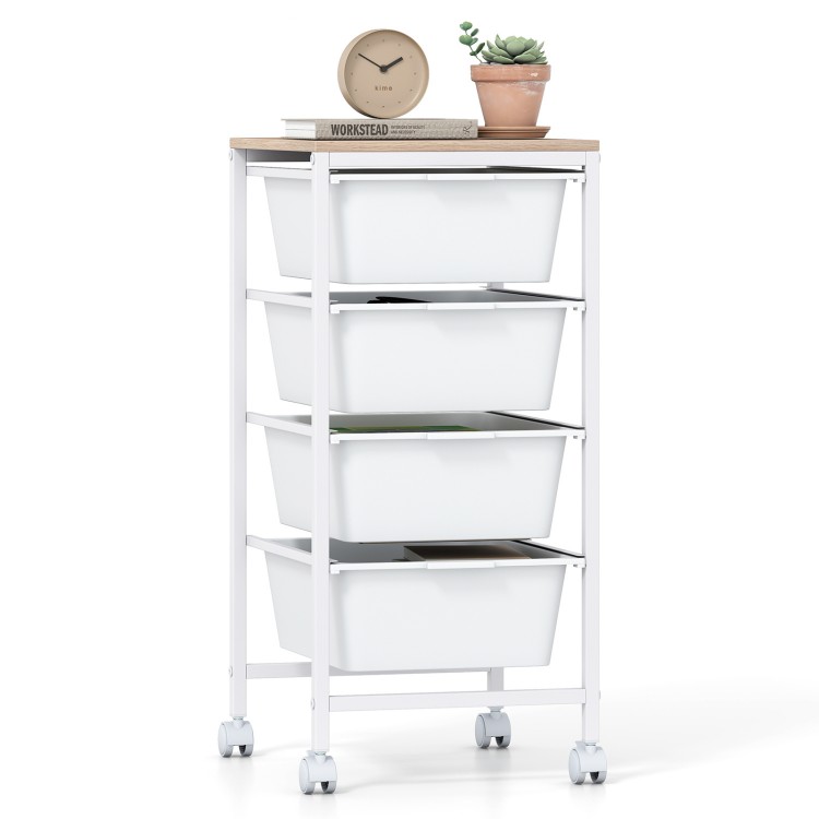 5-drawer rolling storage cart with white drawers and wooden top, ideal for organizing office or craft supplies.