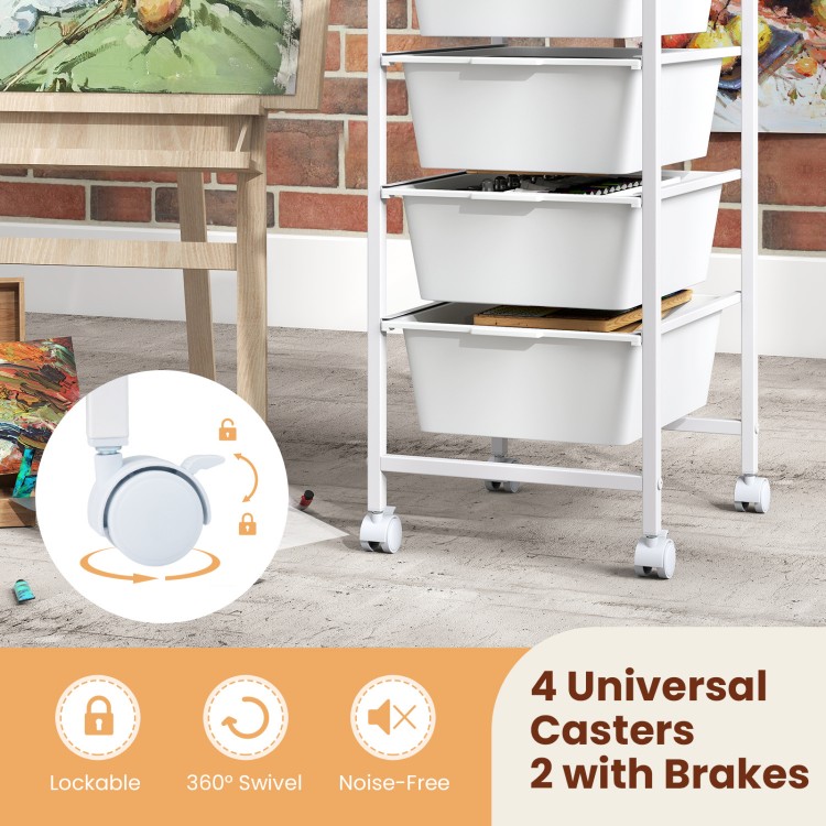 5-drawer rolling storage cart with a wooden tabletop, lockable wheels, and quiet swivel casters for versatile.