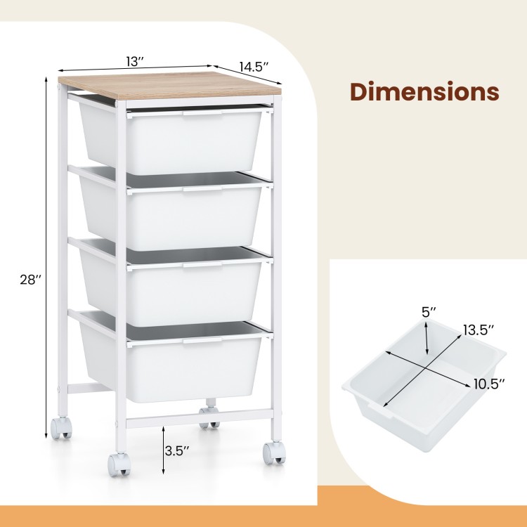 5-drawer rolling storage cart showcasing dimensions, featuring a sturdy wooden top and removable white drawers for easy.