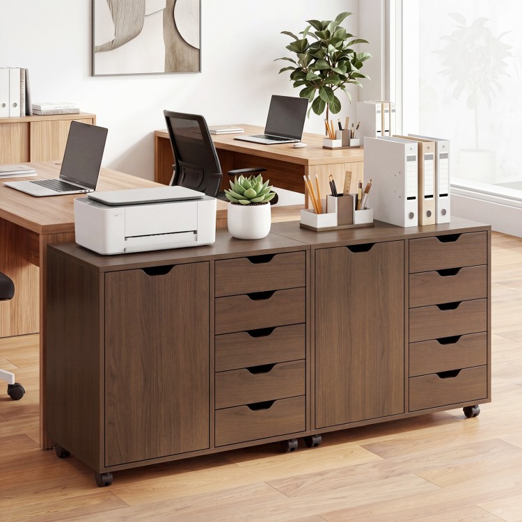 5-drawer storage cabinet on wheels in brown, featuring an adjustable shelf and silent drawer slides for workspace.
