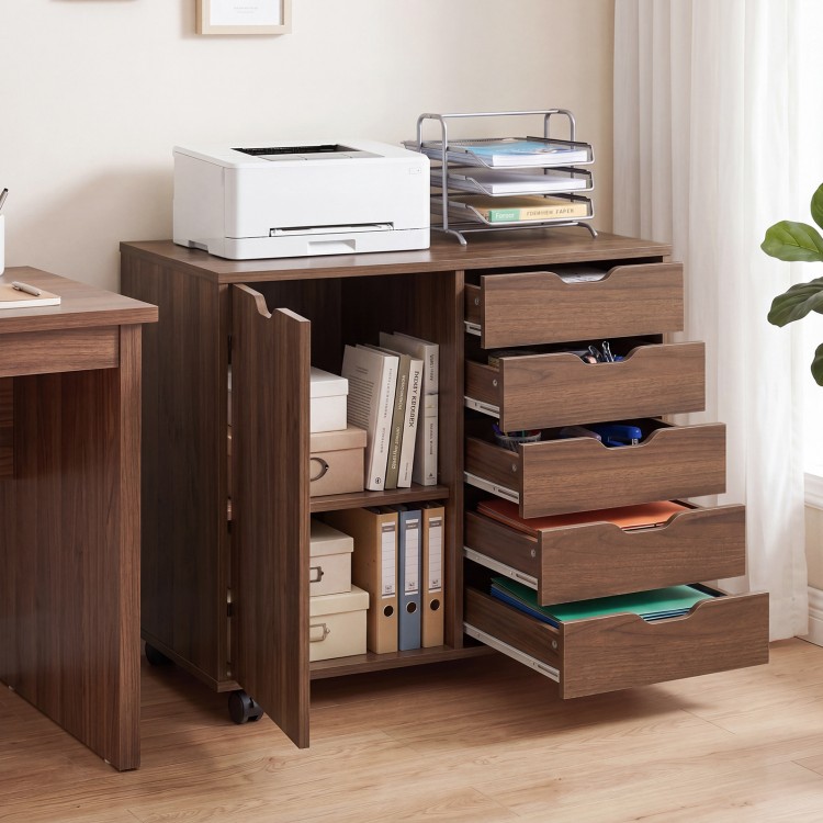 5-drawer storage cabinet on wheels in brown, showcasing a side view with silent drawer slides and a wide top for.