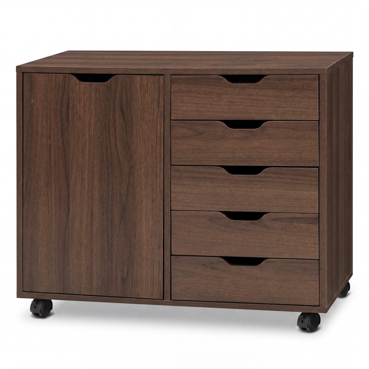 5-drawer storage cabinet on wheels in brown, featuring an adjustable shelf and silent drawer slides for easy.