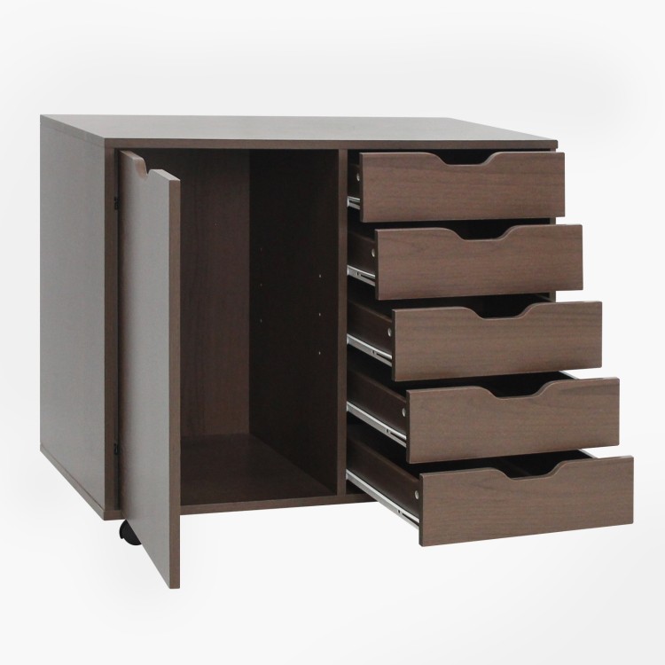 5-drawer storage cabinet on wheels in brown with a door cabinet and wide top for versatile workspace organization.