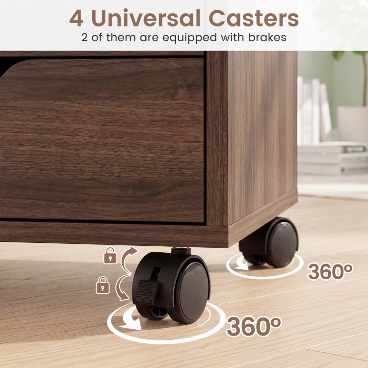 5-drawer storage cabinet on wheels with adjustable shelf, featuring 4 universal casters, 2 with brakes for stability.